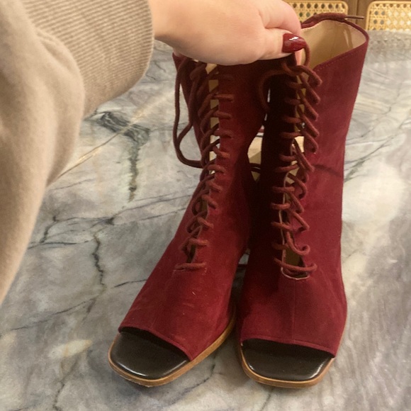 Zara Burgundy Suede-like Open Toe Lace Up Block Heels | Gently Used - Picture 2 of 7